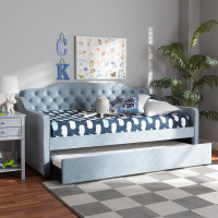 Baxton Studio Freda-Light Blue Velvet-Daybed-T/T Freda Traditional and Transitional Light Blue Velvet Fabric Upholstered and Button Tufted Twin Size Daybed with Trundle